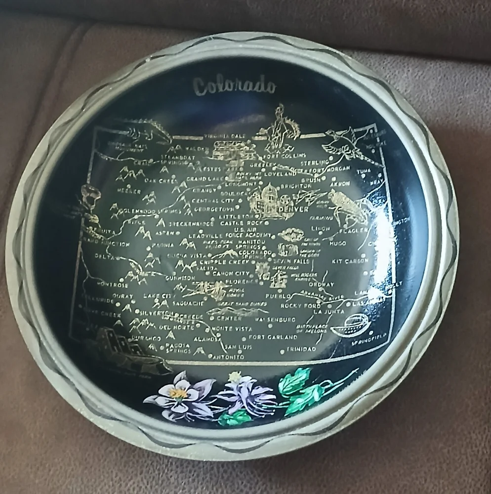 Vintage Black and Gold Colorado Map Serving Bowl 1960